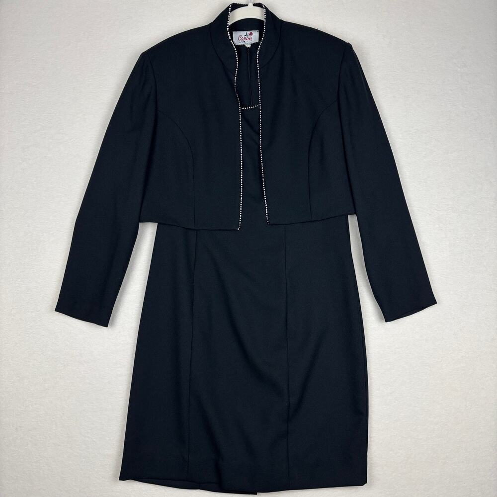 Vintage Caron Chicago Black Rhinestone Trim Sleeveless Dress Crop Jacket Size 10